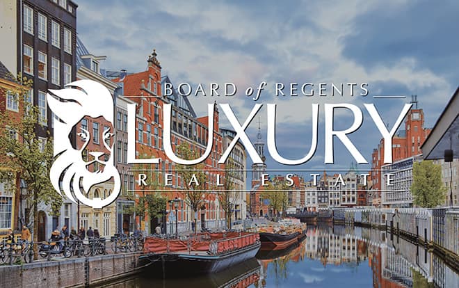 Board of Regents Who's Who in Luxury Real Estate logo over an image of a canal with boats and buildings.