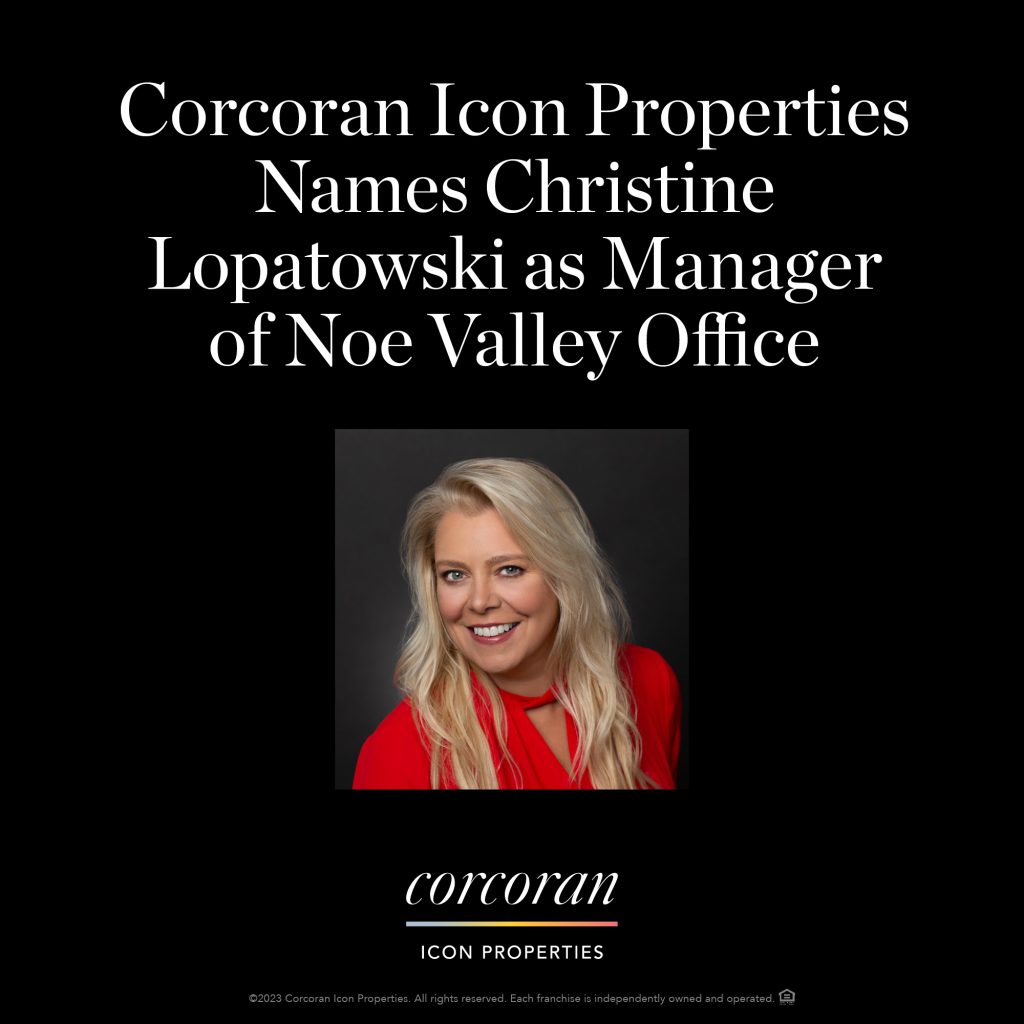 Image of blonde woman In red shirt with text saying Corcoran Icon Properties names Christine Lopatowski as Manager of Noe Valley Office