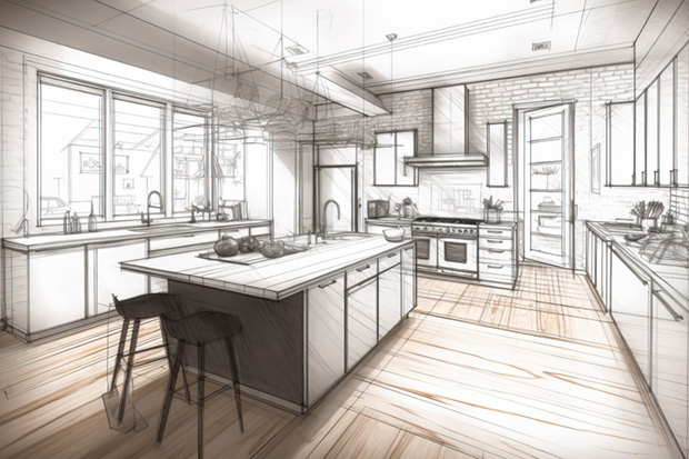 Beautiful kitchen project in different stages from conception to construction, generative ai