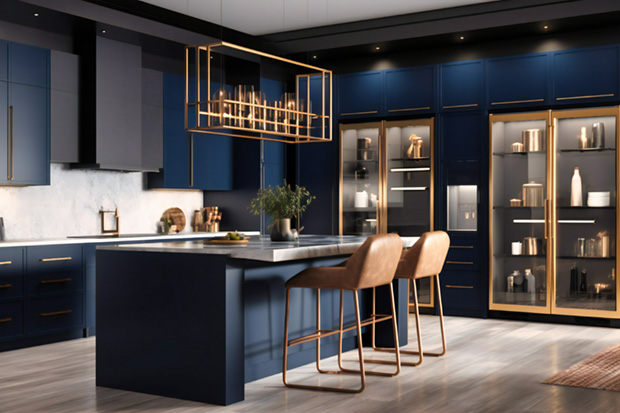 A mid-shot view of a modern luxury kitchen featuring navy blue cabinetry, gold hardware, and top-of-the-line appliances