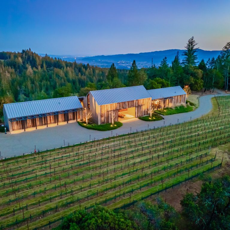 grand estate home set in a lush vineyard lit up at dusk